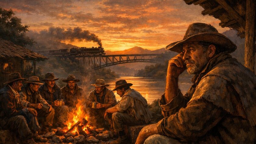 Tropeiros reunidos em um rancho ao entardecer no Vale do Paraíba enquanto discutem a chegada da ferrovia no século XIX.
