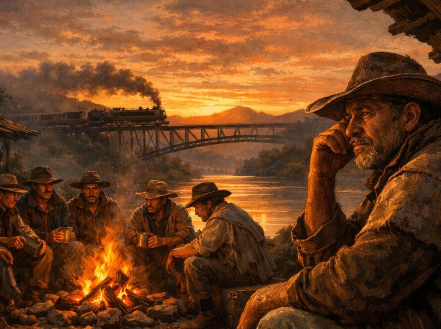 Tropeiros reunidos em um rancho ao entardecer no Vale do Paraíba enquanto discutem a chegada da ferrovia no século XIX.