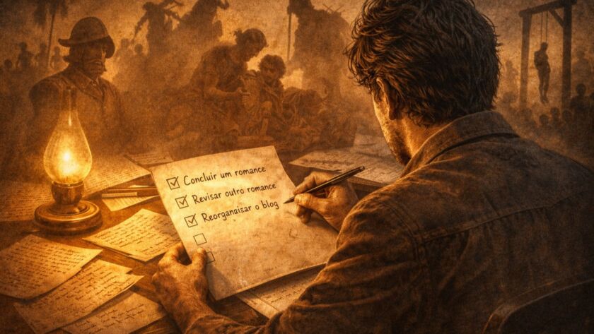 Ilustração conceitual de um escritor diante de uma mesa com manuscritos e uma lista de tarefas, enquanto sombras ao fundo sugerem personagens e eventos históricos, simbolizando a descoberta de um padrão trágico na criação literária.