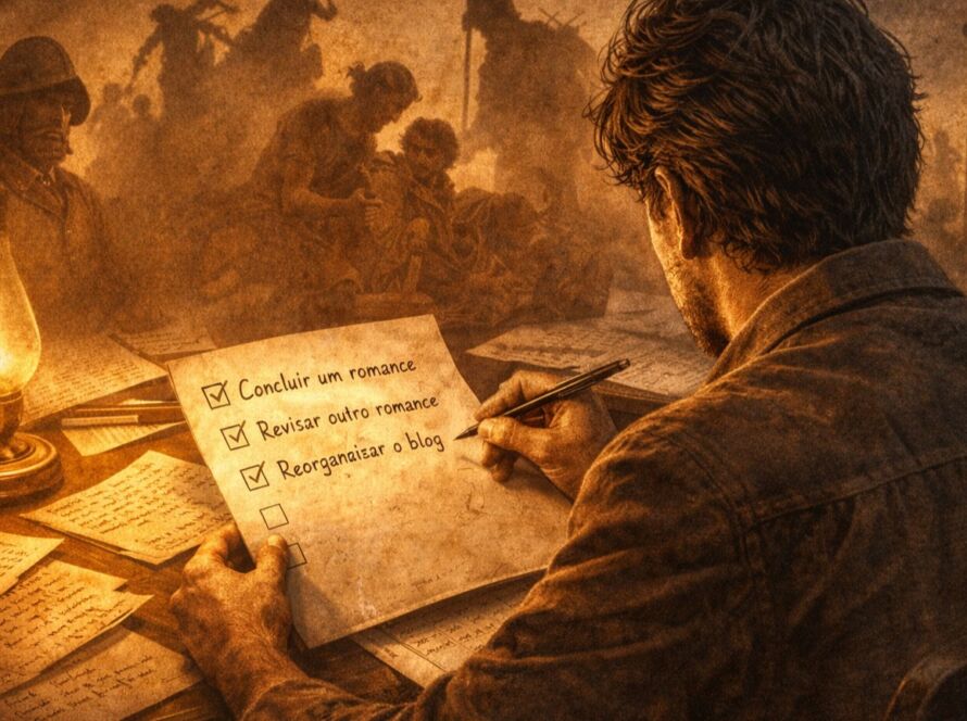 Ilustração conceitual de um escritor diante de uma mesa com manuscritos e uma lista de tarefas, enquanto sombras ao fundo sugerem personagens e eventos históricos, simbolizando a descoberta de um padrão trágico na criação literária.