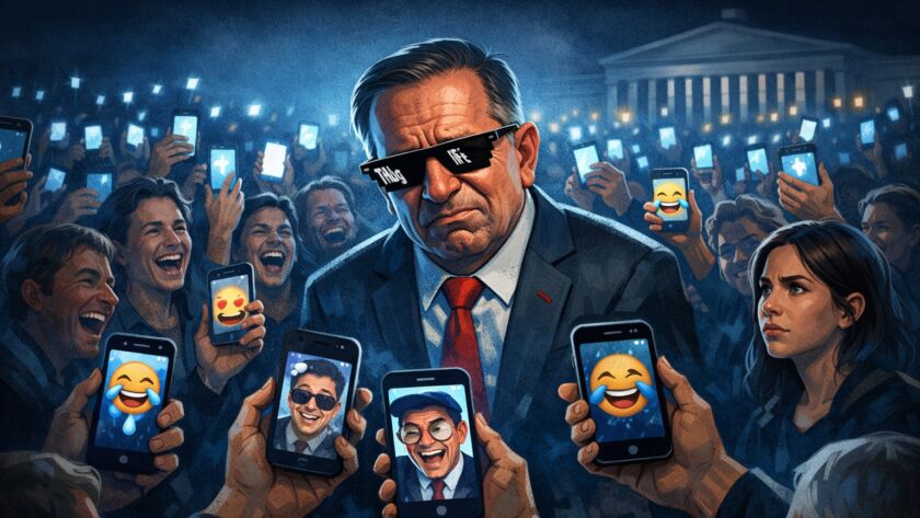 Ilustração conceitual da política do escárnio e da cultura de memes no debate político nas redes sociais.