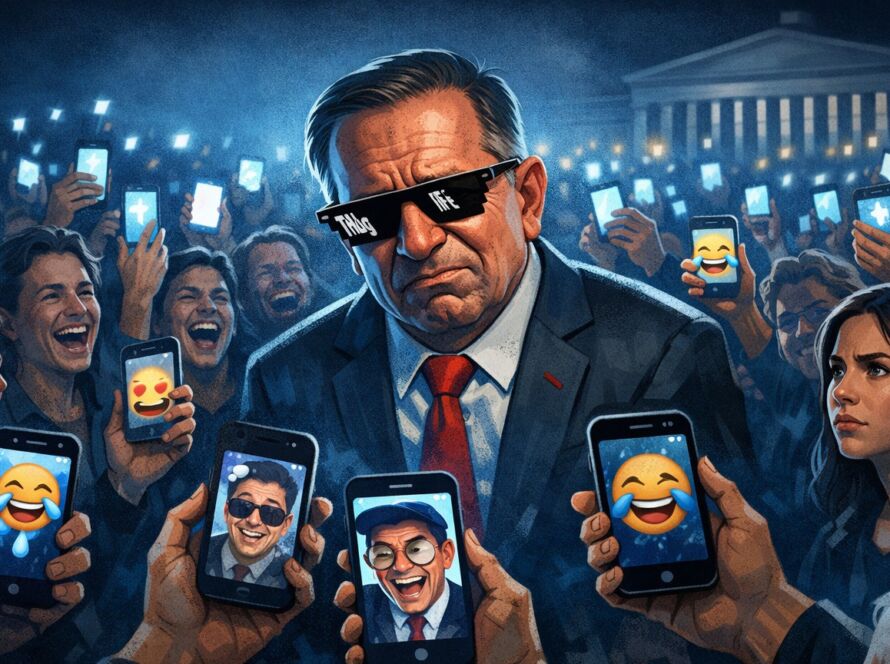 Ilustração conceitual da política do escárnio e da cultura de memes no debate político nas redes sociais.