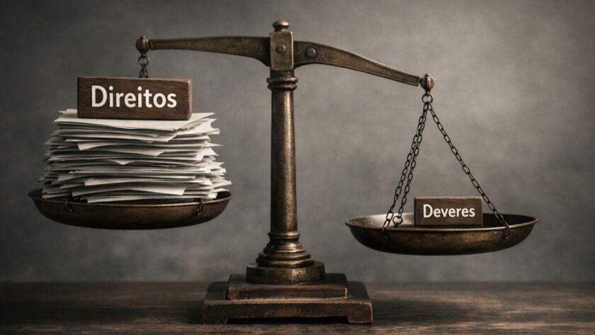 Uma balança antiga. De um lado: a palavra "Direitos" empilhada em papéis. Do outro lado: a palavra "Deveres", quase vazia. A balança inclinada.