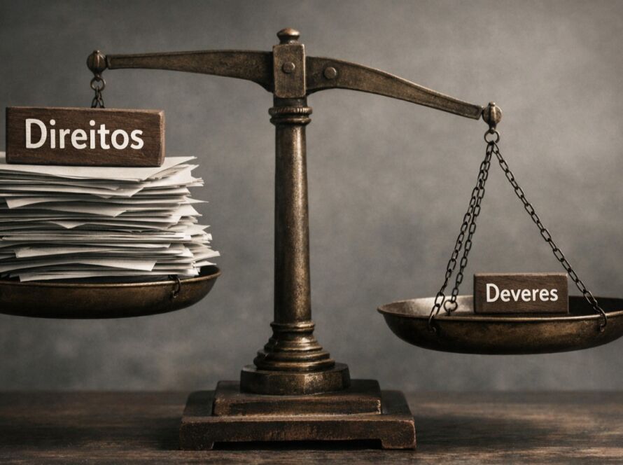Uma balança antiga. De um lado: a palavra "Direitos" empilhada em papéis. Do outro lado: a palavra "Deveres", quase vazia. A balança inclinada.