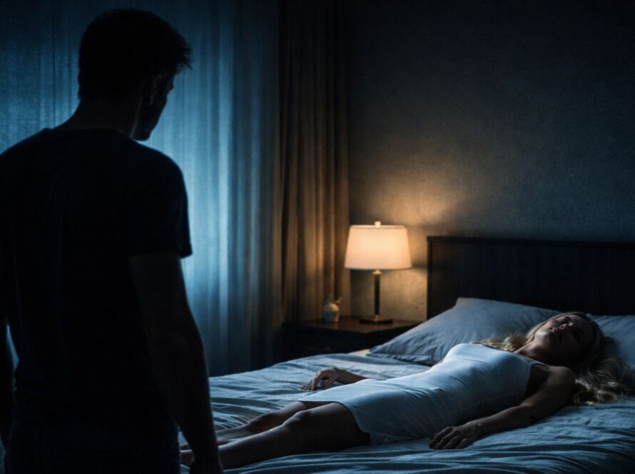 Homem em quarto escuro observa uma mulher imóvel deitada na cama, iluminada por luz suave, sugerindo atmosfera de artificialidade e vazio emocional.
