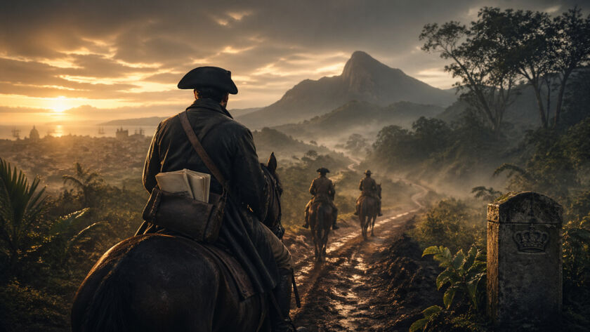 Cavaleiros atravessando uma estrada de terra ao amanhecer carregando documentos importantes, com neblina leve e atmosfera tensa sugerindo missão histórica no Brasil do século XIX