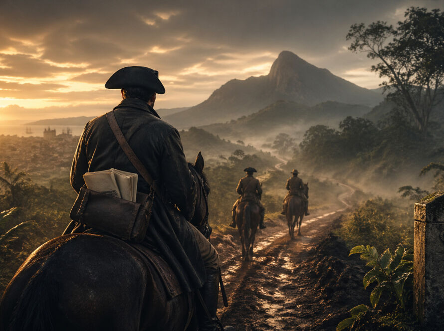 Cavaleiros atravessando uma estrada de terra ao amanhecer carregando documentos importantes, com neblina leve e atmosfera tensa sugerindo missão histórica no Brasil do século XIX