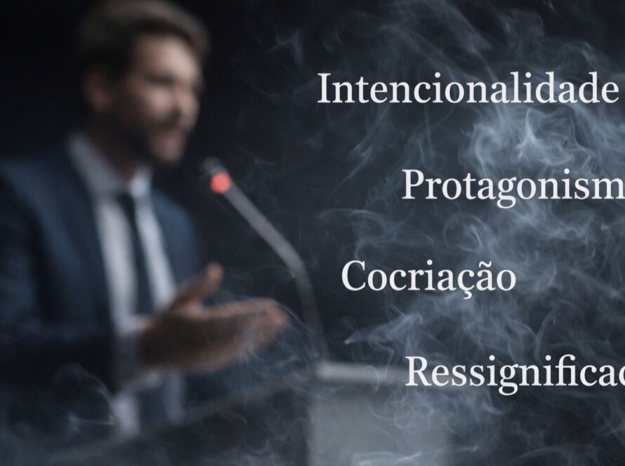 Homem desfocado de terno fala ao microfone enquanto palavras como “intencionalidade”, “protagonismo”, “cocriação” e “ressignificação” aparecem em destaque entre fumaça, simbolizando a linguagem vazia que substitui a autoridade.