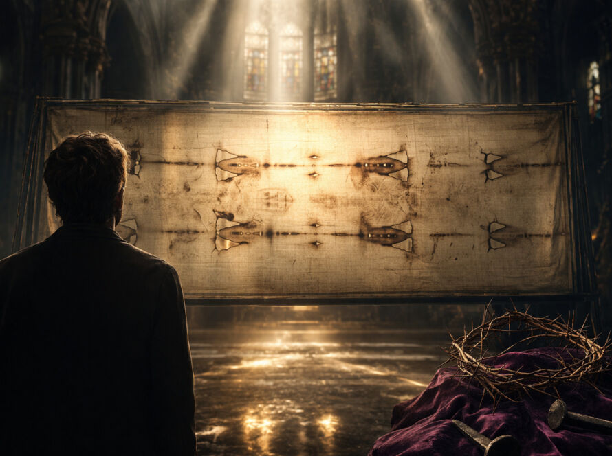 Imagem conceitual inspirada no Santo Sudário, com luz emergindo da escuridão, representando o mistério da ressurreição e da fé cristã.