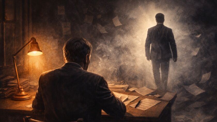 Ilustração conceitual de um escritor diante de uma mesa, observando um personagem que se afasta ou se desdobra em outra versão de si mesmo, simbolizando o conflito entre autor, identidade e criação literária.