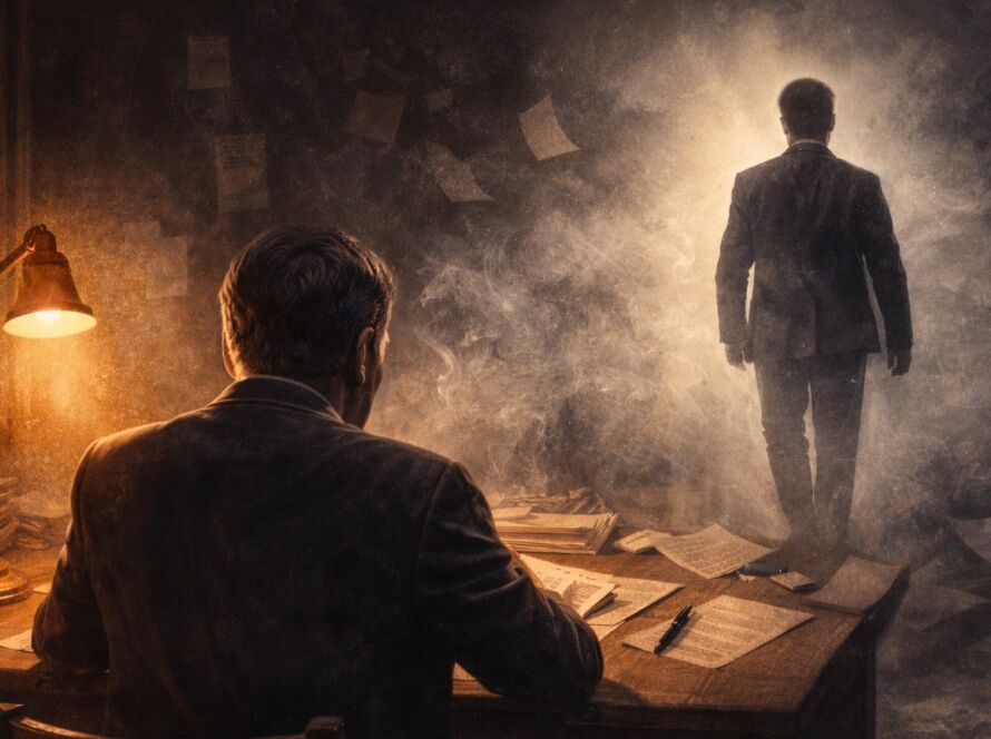 Ilustração conceitual de um escritor diante de uma mesa, observando um personagem que se afasta ou se desdobra em outra versão de si mesmo, simbolizando o conflito entre autor, identidade e criação literária.