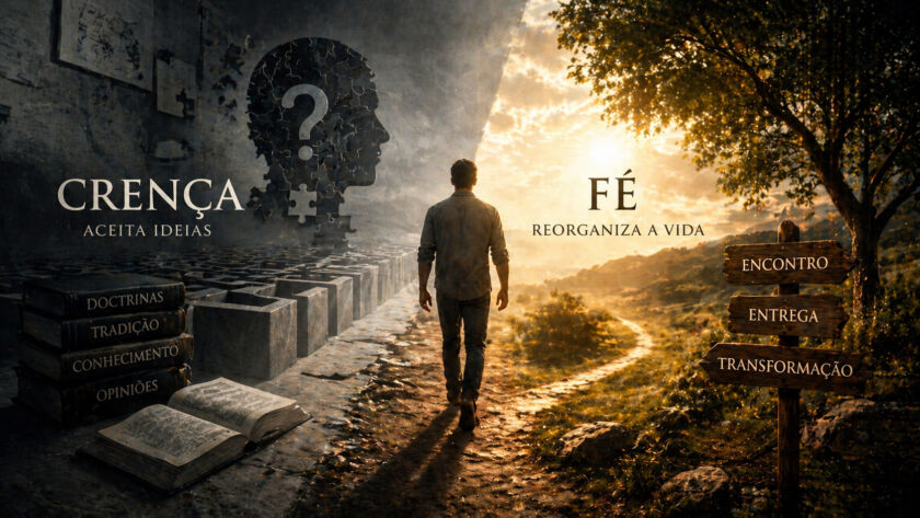 Figura humana em ambiente religioso com luz incidindo do alto, representando a transição da crença intelectual para a fé vivida.