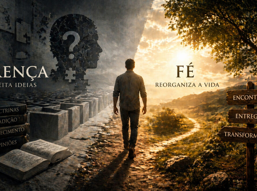 Figura humana em ambiente religioso com luz incidindo do alto, representando a transição da crença intelectual para a fé vivida.