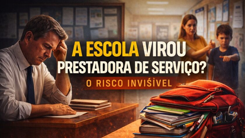 Diretor escolar observa mochila pesada sobre mesa enquanto reflete sobre a transformação da escola em prestadora de serviço e a relação com famílias.