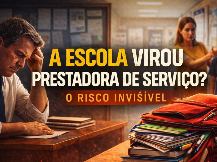 Diretor escolar observa mochila pesada sobre mesa enquanto reflete sobre a transformação da escola em prestadora de serviço e a relação com famílias.