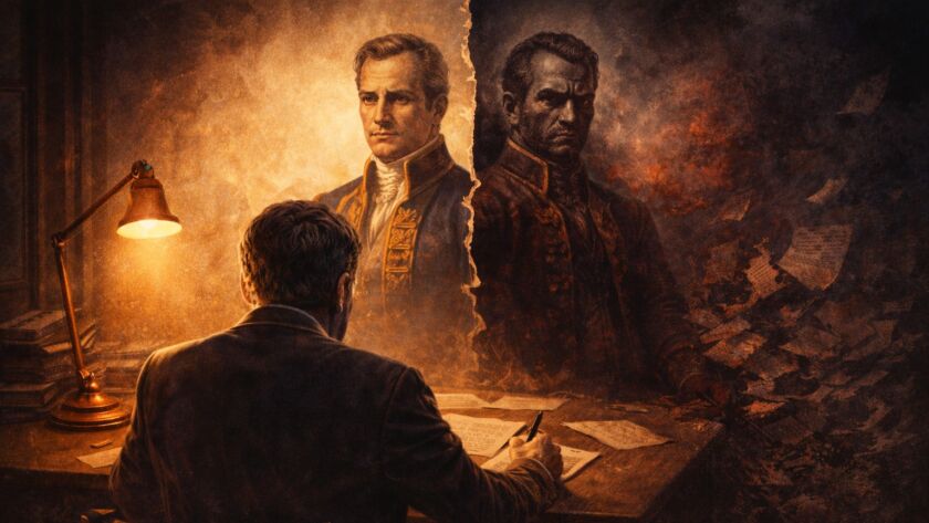 Ilustração conceitual de um personagem histórico com duas faces — uma idealizada e outra sombria — enquanto um escritor observa, simbolizando o conflito entre narrativa, verdade e construção de imagem.