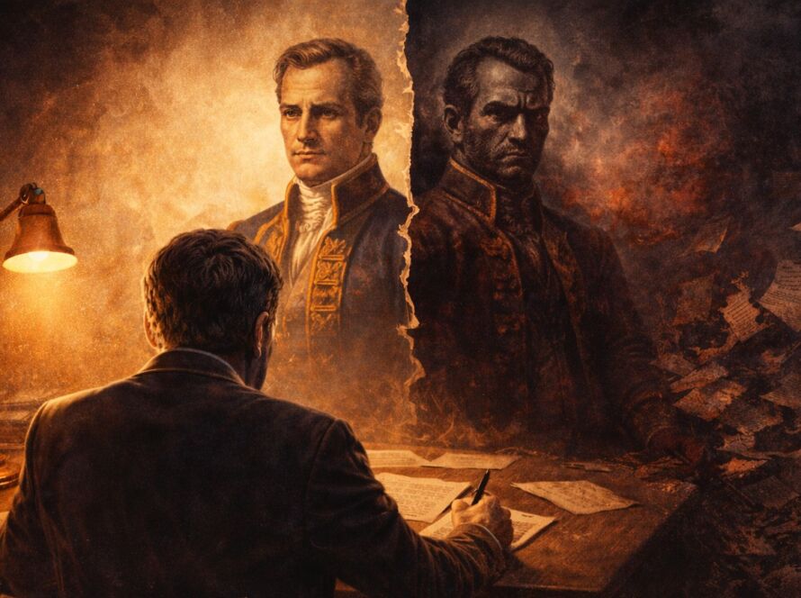 Ilustração conceitual de um personagem histórico com duas faces — uma idealizada e outra sombria — enquanto um escritor observa, simbolizando o conflito entre narrativa, verdade e construção de imagem.