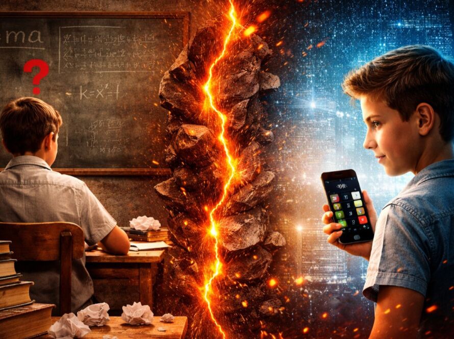 Aluno usando celular para resolver cálculo enquanto reflete, contrastando com ensino tradicional baseado em memorização e cálculo manual