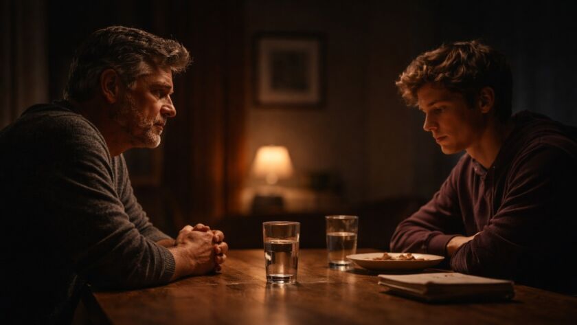 Pai observando o filho durante conversa à mesa, simbolizando transmissão de valores e busca por significado