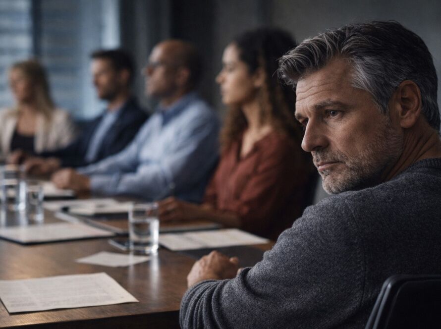Homem isolado em reunião enquanto expressa pensamento divergente, simbolizando autonomia intelectual e solidão