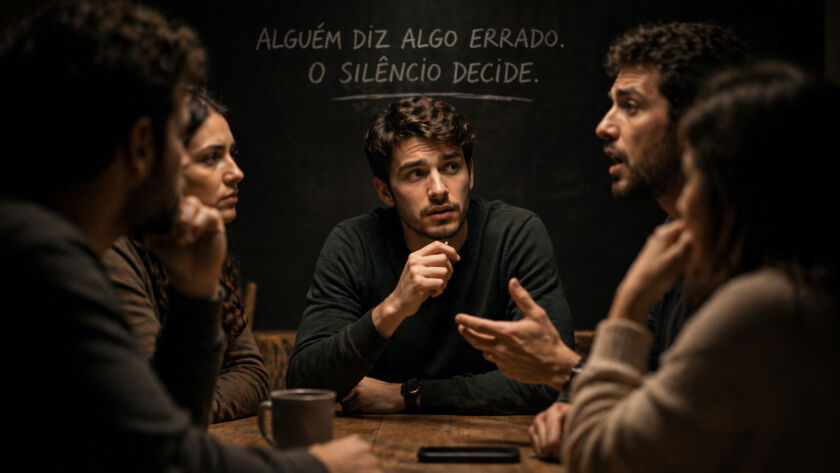 Pessoa em grupo permanecendo em silêncio enquanto alguém fala algo errado, simbolizando omissão moral