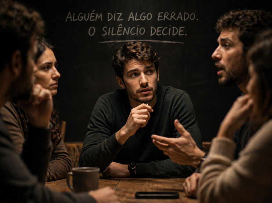 Pessoa em grupo permanecendo em silêncio enquanto alguém fala algo errado, simbolizando omissão moral