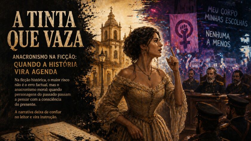 Ilustração conceitual de uma figura histórica com roupas de época sendo atravessada por elementos modernos, simbolizando o conflito entre passado, narrativa e anacronismo na ficção histórica.