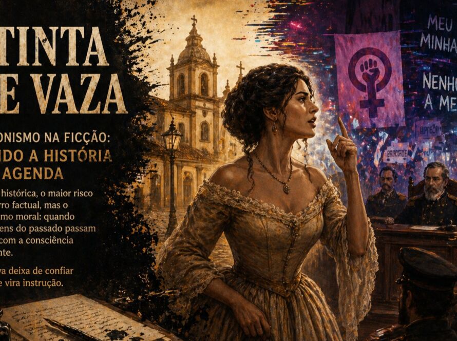 Ilustração conceitual de uma figura histórica com roupas de época sendo atravessada por elementos modernos, simbolizando o conflito entre passado, narrativa e anacronismo na ficção histórica.