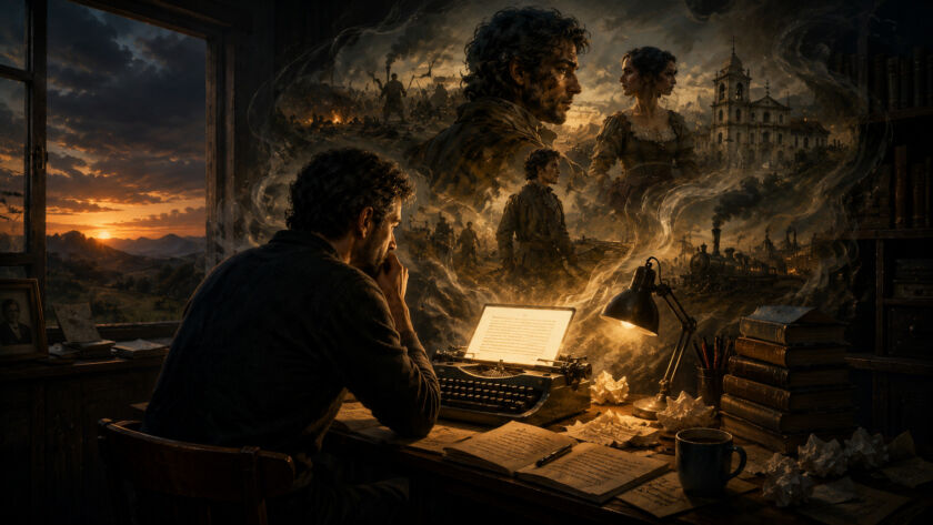 Ilustração conceitual de um escritor sozinho diante de uma tela iluminada, enquanto fragmentos de memória e figuras narrativas emergem da escuridão ao redor, simbolizando dor, criação e escrita.