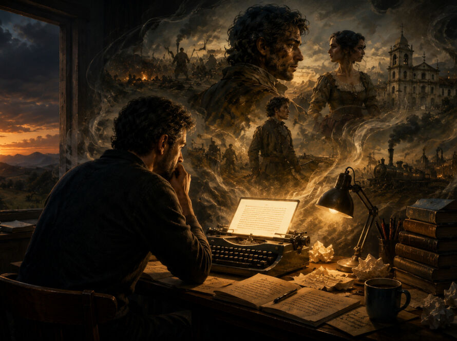 Ilustração conceitual de um escritor sozinho diante de uma tela iluminada, enquanto fragmentos de memória e figuras narrativas emergem da escuridão ao redor, simbolizando dor, criação e escrita.
