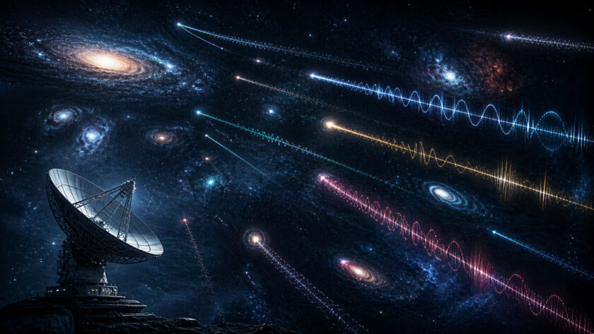 Visualização do espaço profundo com múltiplas ondas de sinal luminosas atravessando o vazio, sugerindo comunicação simultânea de diversas fontes no universo, com atmosfera silenciosa e misteriosa