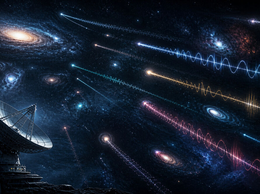 Visualização do espaço profundo com múltiplas ondas de sinal luminosas atravessando o vazio, sugerindo comunicação simultânea de diversas fontes no universo, com atmosfera silenciosa e misteriosa