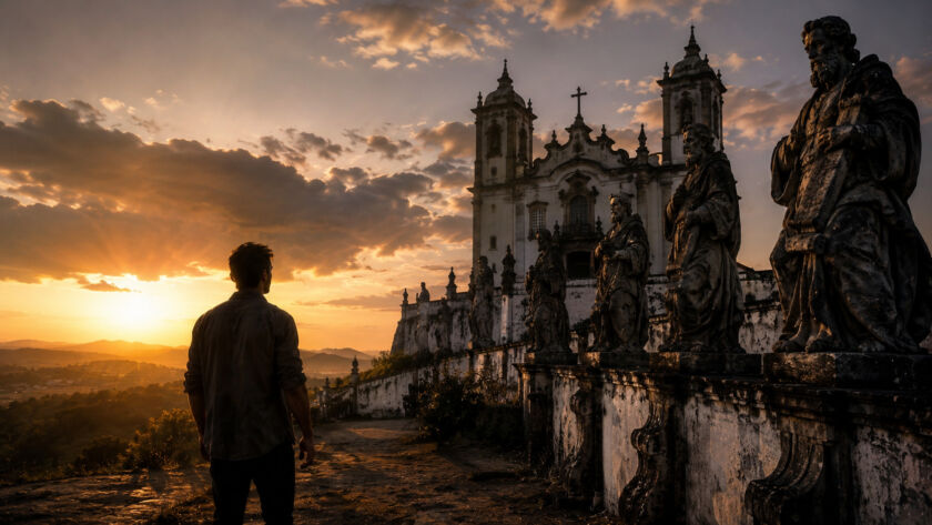 Figura humana observando uma catedral antiga ao entardecer, representando a inquietação humana diante do infinito e da transcendência.