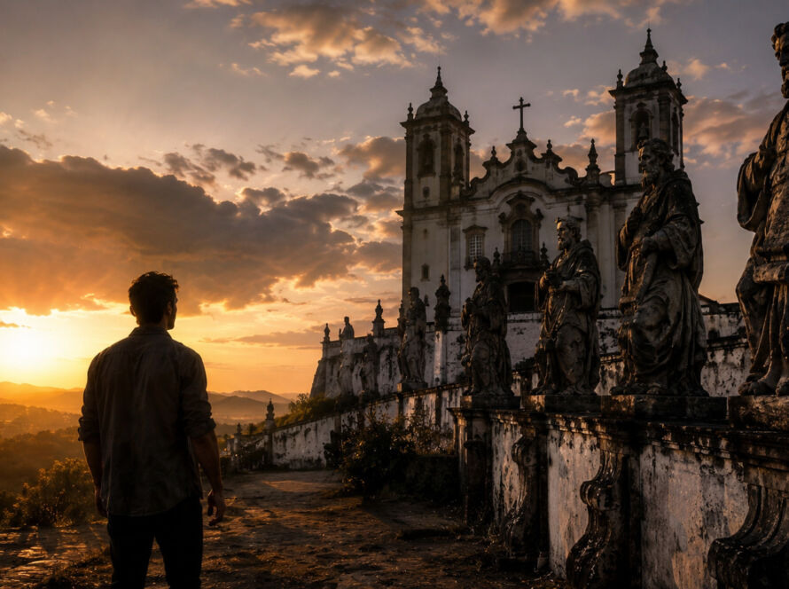Figura humana observando uma catedral antiga ao entardecer, representando a inquietação humana diante do infinito e da transcendência.