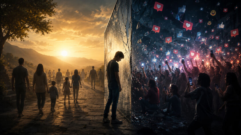 Cena dividida entre dois mundos: de um lado, pessoas caminhando sob a luz dourada de um amanhecer tranquilo; do outro, uma multidão iluminada por celulares e símbolos de redes sociais diante de um grande muro rachado, enquanto um homem solitário permanece entre os dois ambientes, simbolizando o conflito entre intimidade, exposição digital e o colapso da vergonha na sociedade contemporânea.