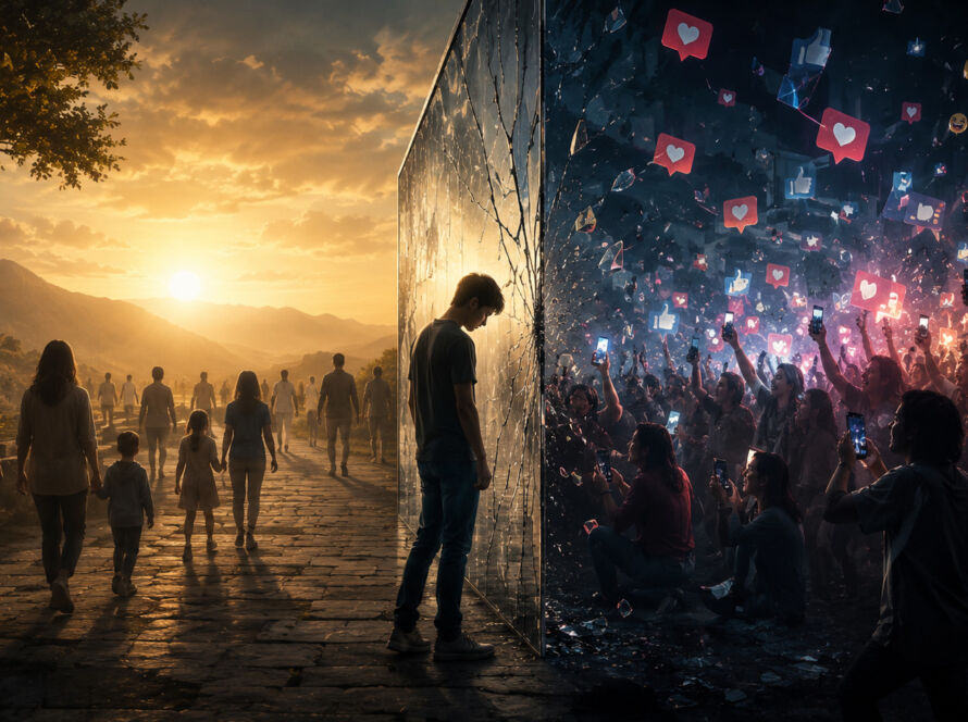 Cena dividida entre dois mundos: de um lado, pessoas caminhando sob a luz dourada de um amanhecer tranquilo; do outro, uma multidão iluminada por celulares e símbolos de redes sociais diante de um grande muro rachado, enquanto um homem solitário permanece entre os dois ambientes, simbolizando o conflito entre intimidade, exposição digital e o colapso da vergonha na sociedade contemporânea.