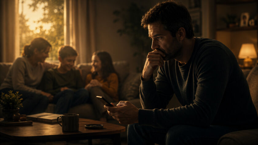 Pessoa observando a família em silêncio durante um domingo à tarde, refletindo sobre limites emocionais e a dificuldade de dizer não
