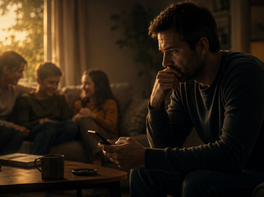 Pessoa observando a família em silêncio durante um domingo à tarde, refletindo sobre limites emocionais e a dificuldade de dizer não