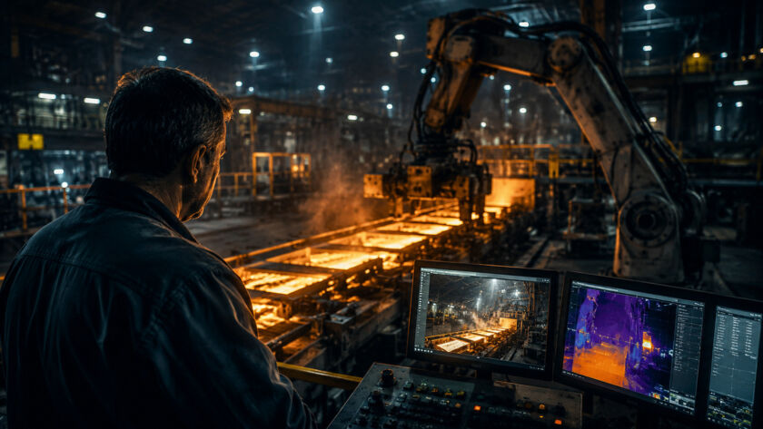 Operador industrial observando monitores em uma fábrica metalúrgica iluminada pelo brilho do zinco fundido, com atmosfera silenciosa e tecnológica sugerindo tensão entre experiência humana e inteligência artificial