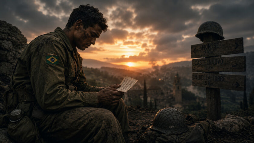 Soldado brasileiro da FEB sentado sozinho em posição de guerra na Itália segurando uma carta amassada, com atmosfera fria, melancólica e silenciosa ao entardecer