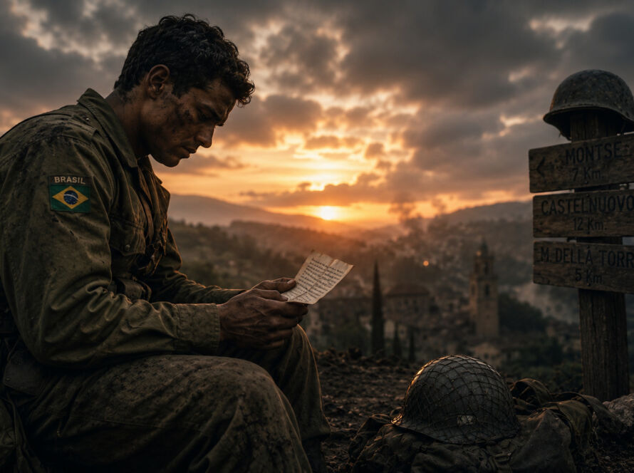 Soldado brasileiro da FEB sentado sozinho em posição de guerra na Itália segurando uma carta amassada, com atmosfera fria, melancólica e silenciosa ao entardecer