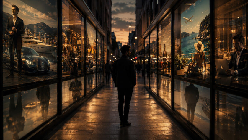 Pessoa observando vitrines iluminadas refletindo diferentes versões idealizadas de sucesso enquanto permanece parada em contemplação