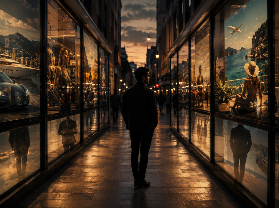 Pessoa observando vitrines iluminadas refletindo diferentes versões idealizadas de sucesso enquanto permanece parada em contemplação