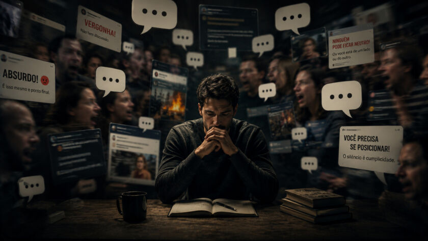Pessoa sozinha em silêncio enquanto diversas vozes e opiniões aparecem desfocadas ao redor, simbolizando a pressão contemporânea por posicionamento constante