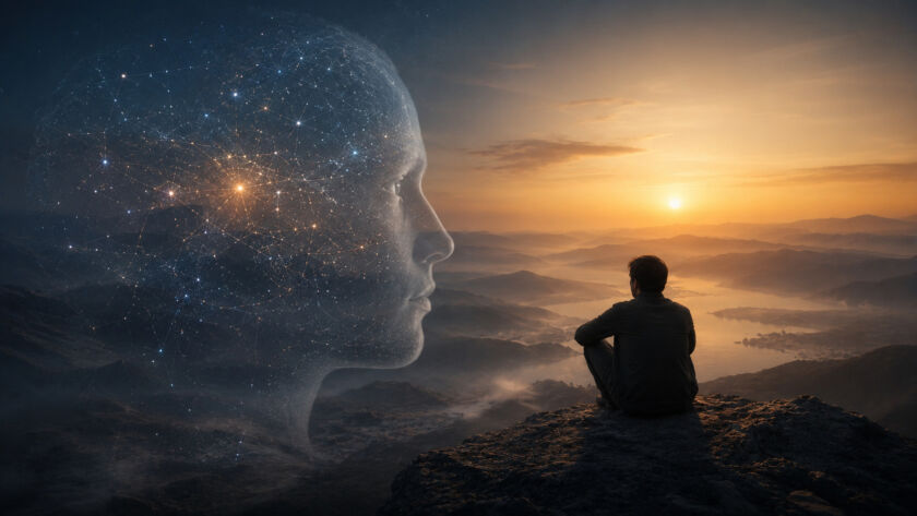 Pessoa observando paisagem montanhosa ao amanhecer, simbolizando consciência, experiência subjetiva e reflexão existencial