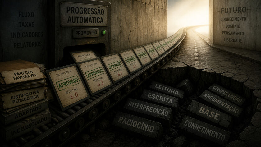 Esteira industrial transporta boletins escolares carimbados como “aprovado” em direção a uma saída iluminada, enquanto abaixo dela um abismo revela blocos quebrados com palavras como leitura, escrita e raciocínio, simbolizando a aprovação sem aprendizagem na educação.