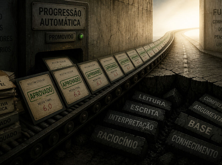 Esteira industrial transporta boletins escolares carimbados como “aprovado” em direção a uma saída iluminada, enquanto abaixo dela um abismo revela blocos quebrados com palavras como leitura, escrita e raciocínio, simbolizando a aprovação sem aprendizagem na educação.