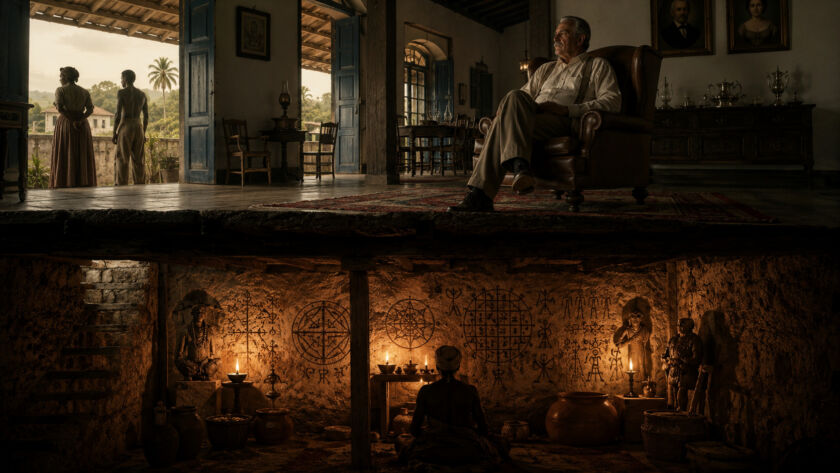 Professor observando símbolos africanos antigos gravados nas paredes de pedra de um porão colonial iluminado por luz suave em antiga fazenda do Vale do Paraíba