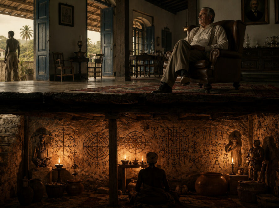 Professor observando símbolos africanos antigos gravados nas paredes de pedra de um porão colonial iluminado por luz suave em antiga fazenda do Vale do Paraíba