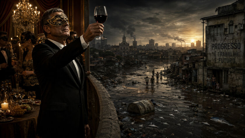 Prefeito elegante em baile de máscaras segurando uma taça de vinho enquanto ao fundo uma cidade sofre com enchente tóxica e contaminação do rio durante a noite